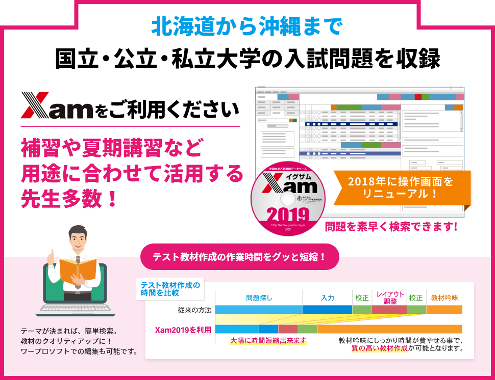 北海道から沖縄まで国立・公立・私立大学の入試問題を収録した「Xam(イグザム)2019」をご利用ください - 補習や夏期講習など用途に合わせて活用する先生多数!